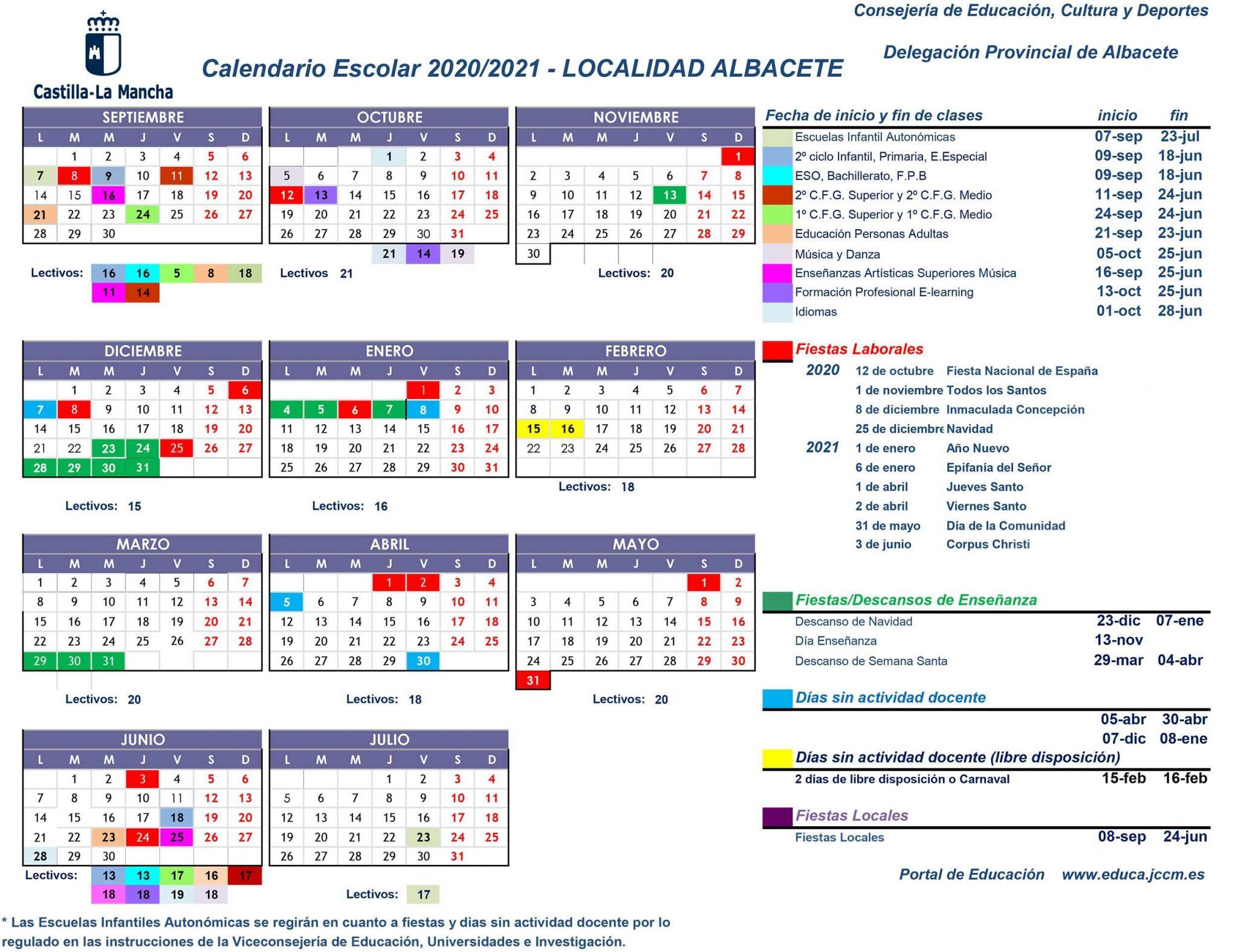 Calendario Escolar Albacete Capital 2020-2021 | Albacete Guia